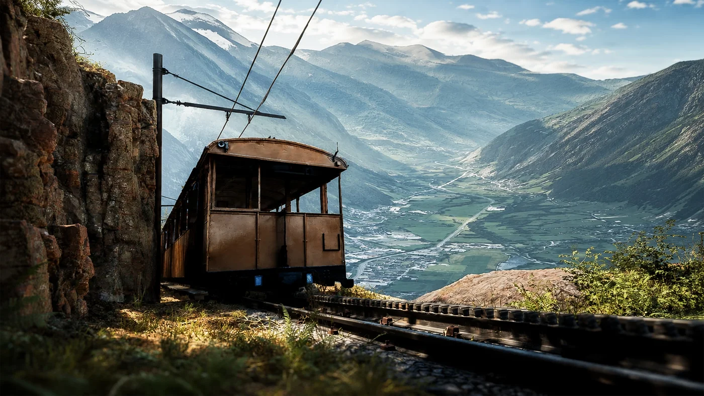 Reconstitution 3D : le train surplombant la vallée de Luchon