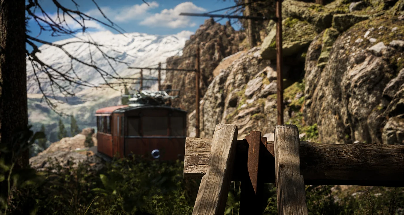 Reconstitution 3D : le train devant les sommets enneigés